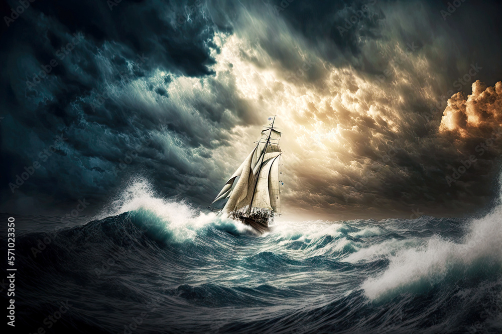 stormy sea and sailing boat in a rough sea among flying clouds ...