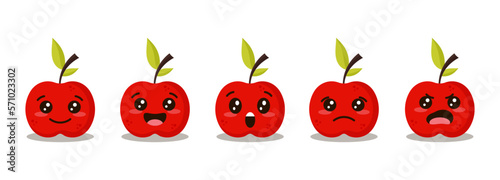 Cute red apple emoticon set. Funny fruit emoji collection. Happy cartoon apple. Healthy vegetarian food character