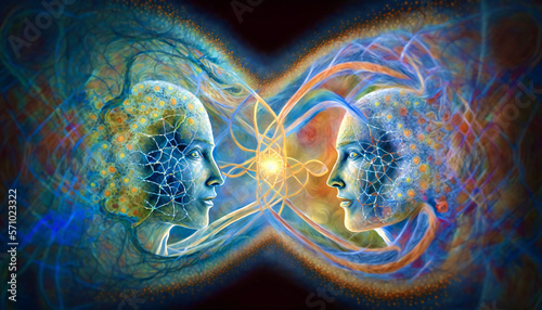 human connection, electromagnetic fields connecting two human beings, standing face to face, interacting. photo