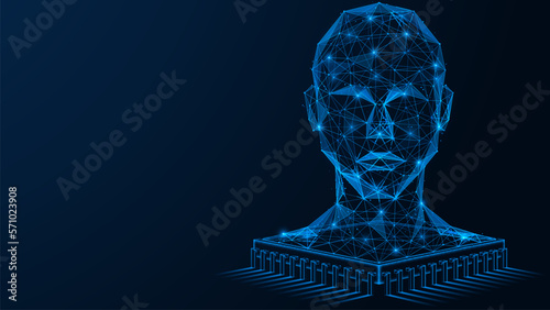Central neural processor with artificial intelligence. Polygonal design of interconnected lines and points. Blue background.