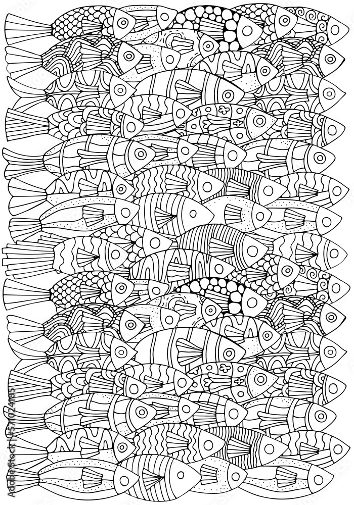 Underwater Pattern with black and white tropical fish. Exotic fish. Coloring book page for adult. Monochrome