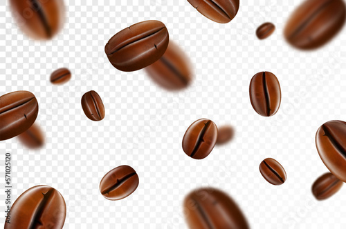 Falling coffee beans isolated on transparent background. Flying defocusing coffee grains. Applicable for cafe advertising, package, menu design. Realistic 3d Vector illustration.