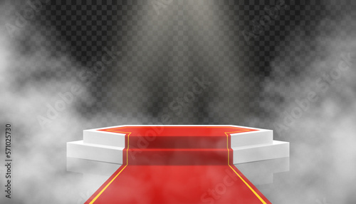 White podium with red path on dark background with smoke. Empty pedestal for award ceremony. Platform illuminated by spotlights. Realistic 3d Vector illustration.