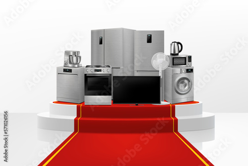 Show Podium or Pedestal with red path and household appliances: microwave oven, washing machine, refrigerator, stove, ,TV, dishwasher, kitchen hood. Realistic 3D vector
