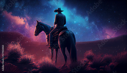 A cowboy sitting on a horseback in the wild west praire with galaxy above his head, generative ai photo