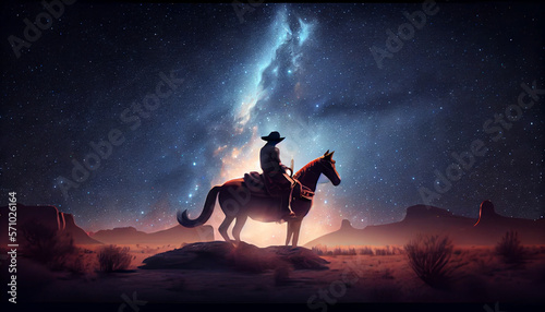 A cowboy sitting on a horseback in the wild west praire with galaxy above his head, generative ai