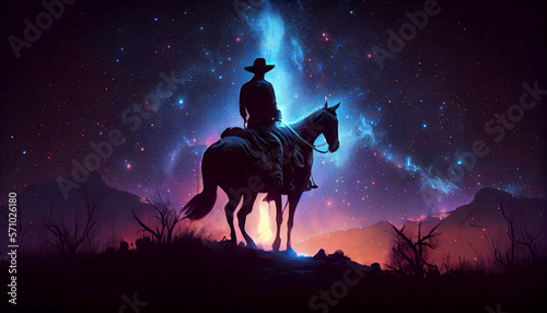 A cowboy sitting on a horseback in the wild west praire with galaxy above his head, generative ai