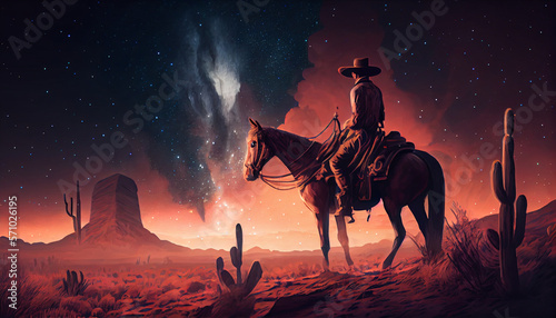 A cowboy sitting on a horseback in the wild west praire with galaxy above his head  generative ai