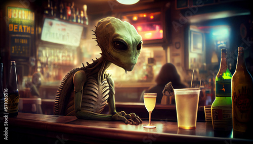 An alien in depresion lost in bar, generative ai