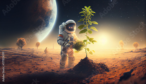 Astronaut growing plant agriculture and farming on mars, generative ai