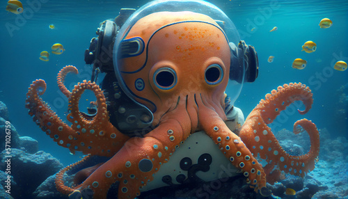 Cute snorkeling octopus in the sea with cute glasses, generative ai