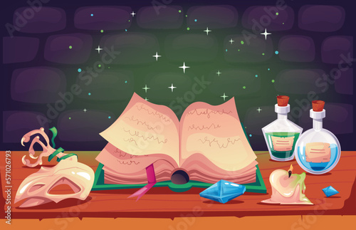 Magic wizard room school workplace table concept. Vector graphic design illustration 