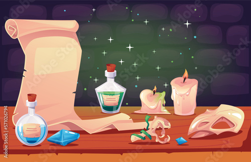 Magic wizard room school workplace table concept. Vector graphic design illustration 