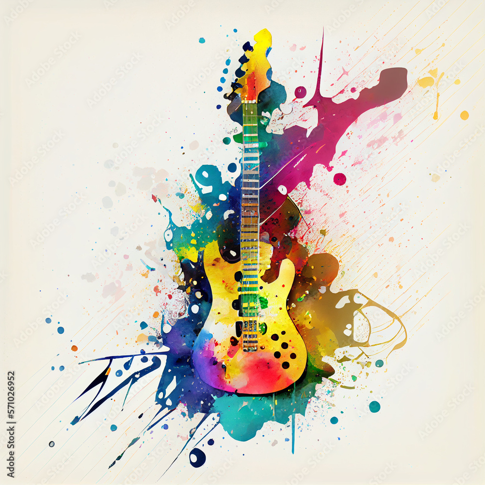 Electric guitar decorated with stylish creative colors around it on white background, generative ai