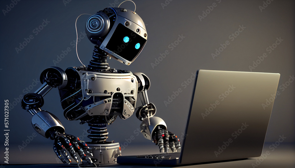 ai robot answering questions on a laptop, generative ai ai robot answering questions on a laptop, generative ai