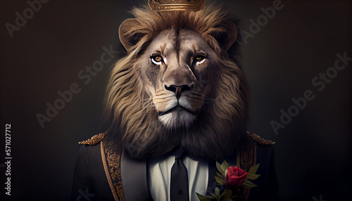 Portrait of a lion with a crown dressed in a formal business suit  generative ai