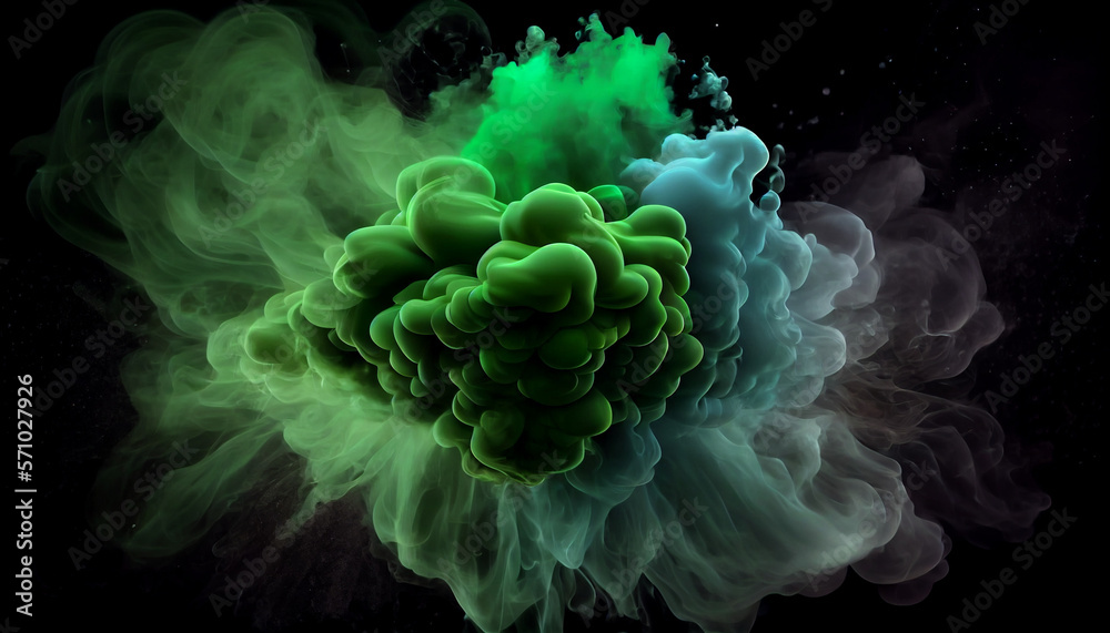 Green smoke explosion on a black background, generative ai