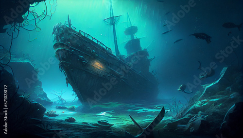 Underwater shipwreck in a ship graveyard, generative ai © TheGoldTiger