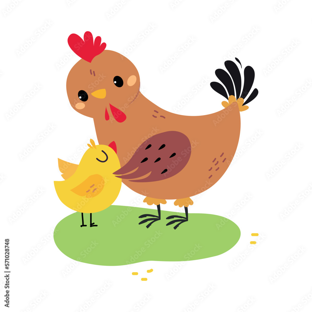 Cute mom hen hugging her chicken cartoon vector illustration
