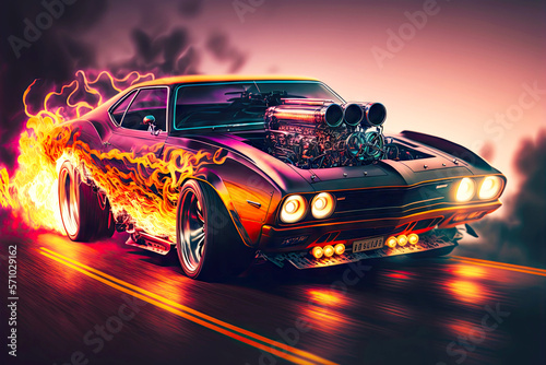 powerful car with lights on before drag racing start