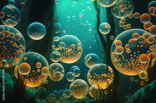 A group of colorful bubbles floating in the water