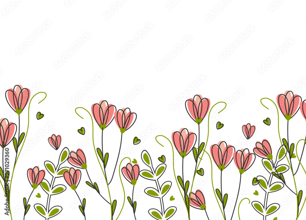 Floral background, flowers with a stroke. Pink spring flowers on a white background. Vector
