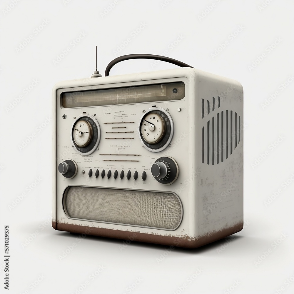 altes retro Radio mit Lautstärkereglern Sendersuche Griff Antenne weißer Hintergrund
