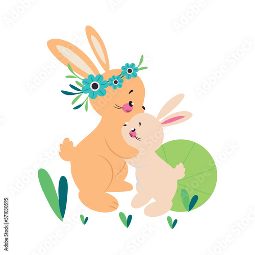 Hare family. Cute mom hare hugging her leveret cartoon vector illustration