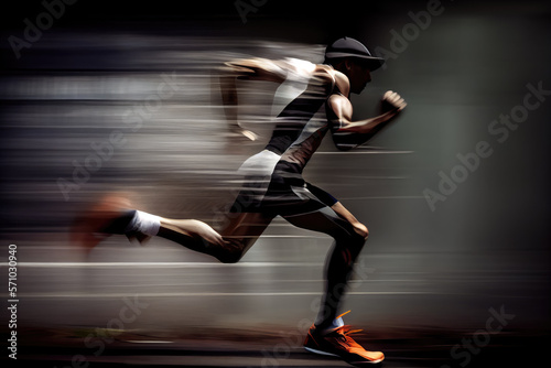 Side view of athletic runner with motion blur on dark background. Generative AI