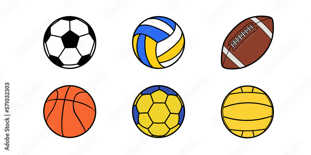 A set of black and white sports balls. Vector illustration. Flat style.