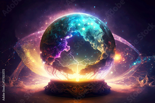 mystical globe with magical energy of the universe on illuminated background, generative ai