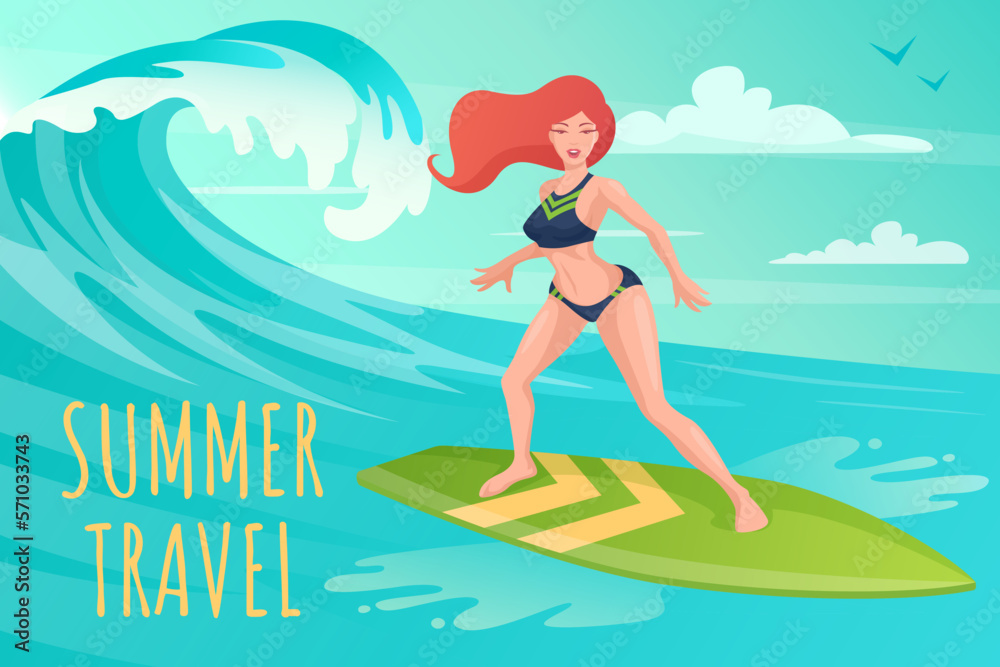 Woman surfing on the surfboard. Vector illustration