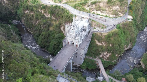 Drone view of the National Shrine Basilica of Our Lady of Las Lajas over the Guáitara River in Narino Department of Colombia in Ipiales, considered one of the most beautiful churches in the world
