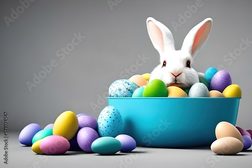 Easter card. Adorable Bunny in a bathtub With Easter Eggs. Small rabbit. generative AI. © Pictures Paradise