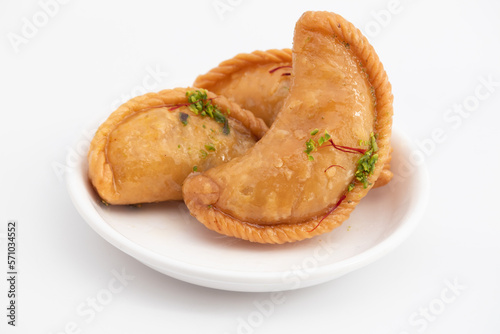 Gujia Also Called Gujiya, Pirukiya, Pirukia, Pedakiya, Karanji, Basundi Or Gughra Stuffed With Mawa, Khoya, Chasni, Mava, Khoa - Indian Sweet Dumpling Enjoyed On Deepawali, Teez, Holi, Diwali And Teej