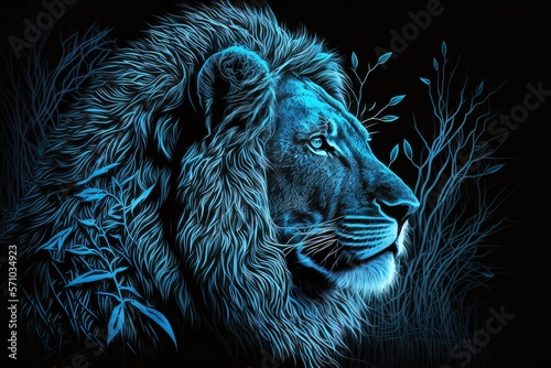 Lion in neon blue on a black background. Generative AI
