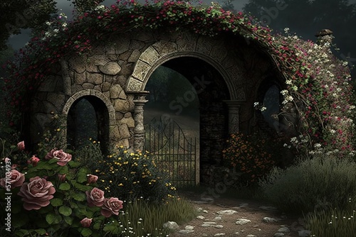 Fairytale arch of stones with flowers. AI © DZMITRY