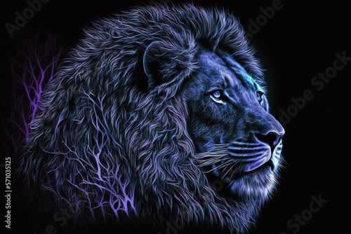 Lion in neon blue on a black background. Generative AI