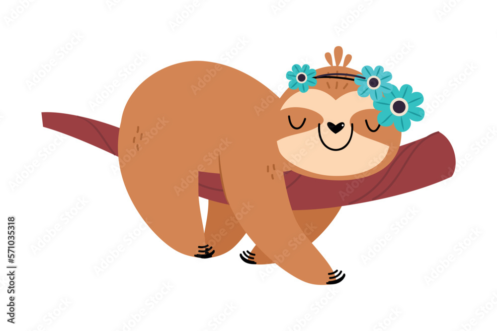 Obraz premium Adorable baby sloth animal hanging on tree branch cartoon vector illustration
