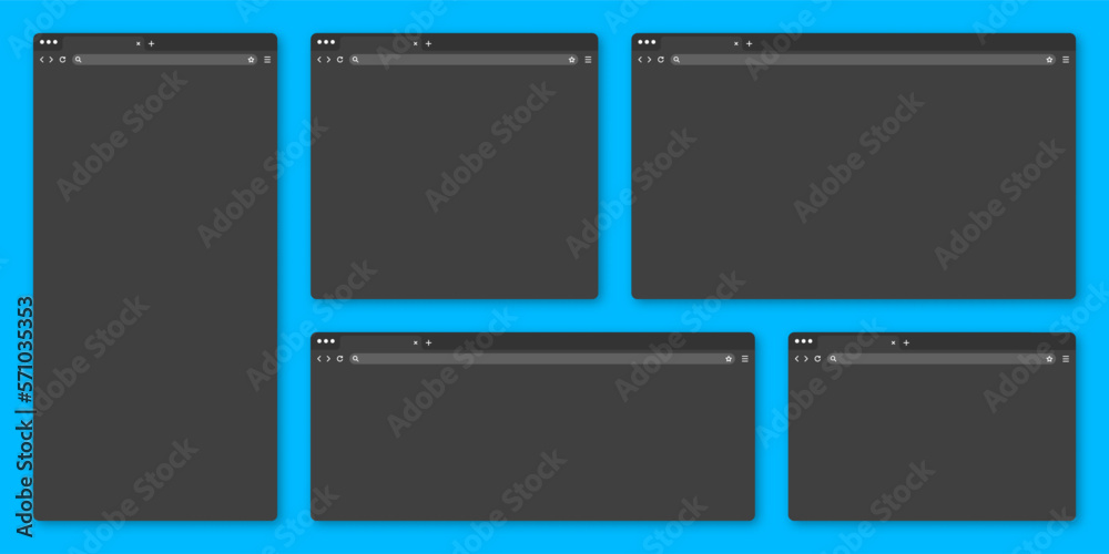 Blank web browser window with tab, toolbar and search field. Modern website internet page in flat style. Browser mockup for computer, tablet or smartphone. Adaptive UI, dark mode. Vector illustration