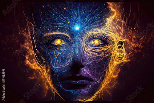 symbolic image of human face with mystery in facial features and energy of the universe, generative ai