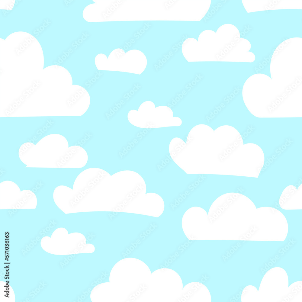 Colorful seamless pattern with white clouds. Hand drawn Illustration for kid textile, card, pajama, t-shirt print design. Fashion trend background. Blue sky simple vector backdrop