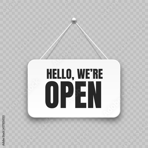 Realistic open hanging signboard. Vintage door sign for cafe, restaurant, bar or retail store. Announcement banner, information signage for business or service. Vector illustration