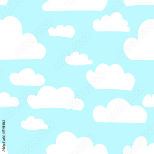 Colorful seamless pattern with white clouds. Hand drawn Illustration for kid textile, card, pajama, t-shirt print design. Fashion trend background. Blue sky simple vector backdrop