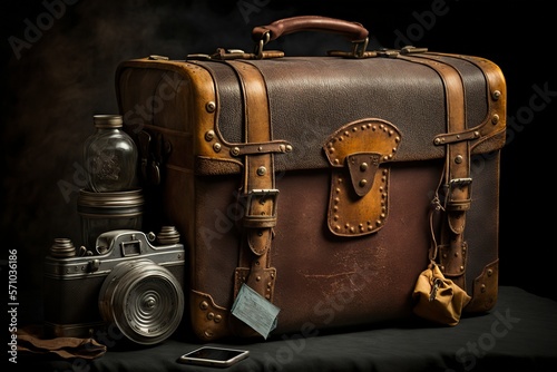 image, old photographic camera and leather suitcase,generative ai