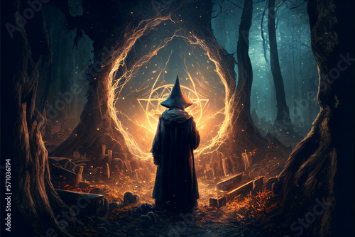 wizard summoning a portal in the dark forest, generative AI