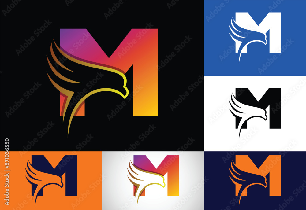 Obraz premium Initial M monogram letter with Eagle head negative space symbol. Creative Eagle head logo design