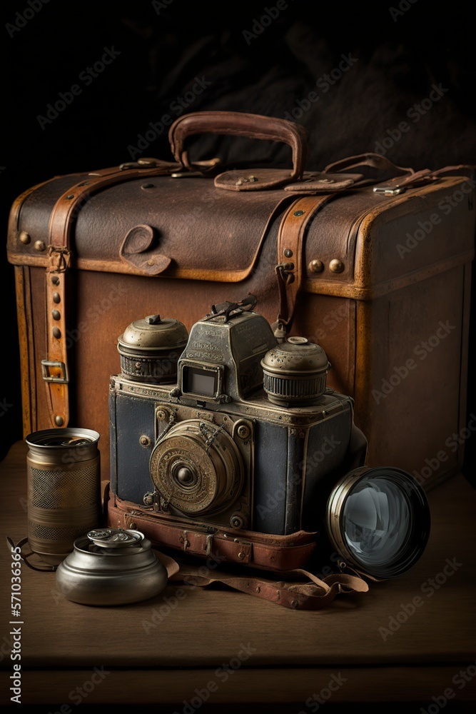 image, old photographic camera and leather suitcase,generative ai