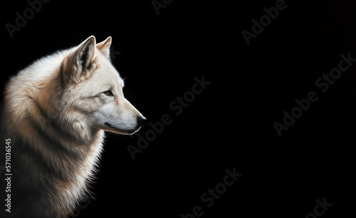 Portrait of a white Arctic wolf on a black background. Image created with generative ai © touchedbylight