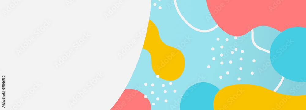 Colorful liquid illustration horizontal banner template. Cyan blue yellow red wavy shapes with place for text. Funny bright kids brochure design blank 